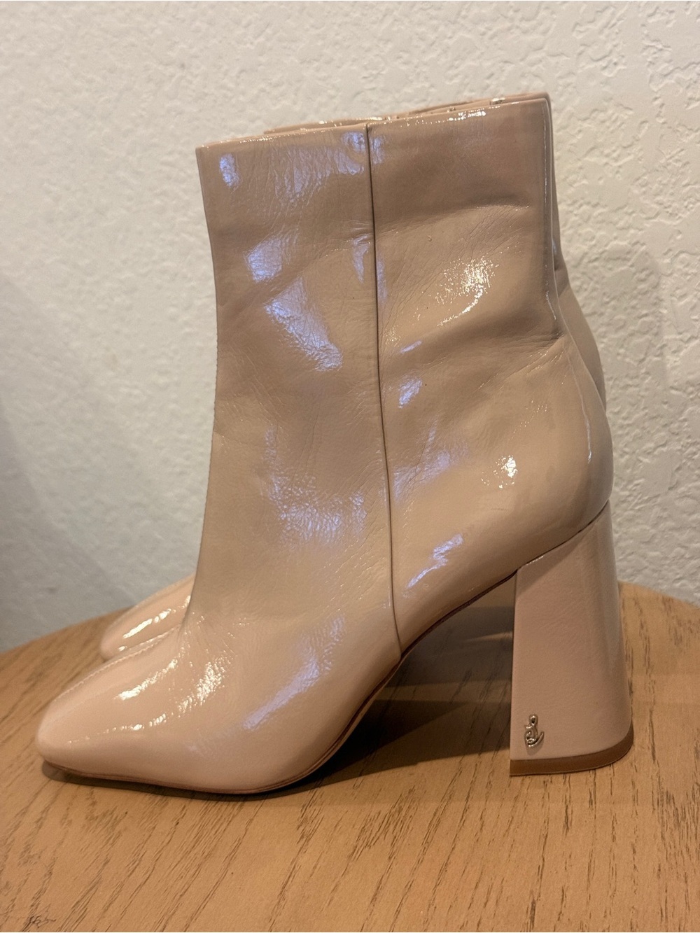 Sam Edelman Patent Block Heel Ankle Boot in Nude Pink
